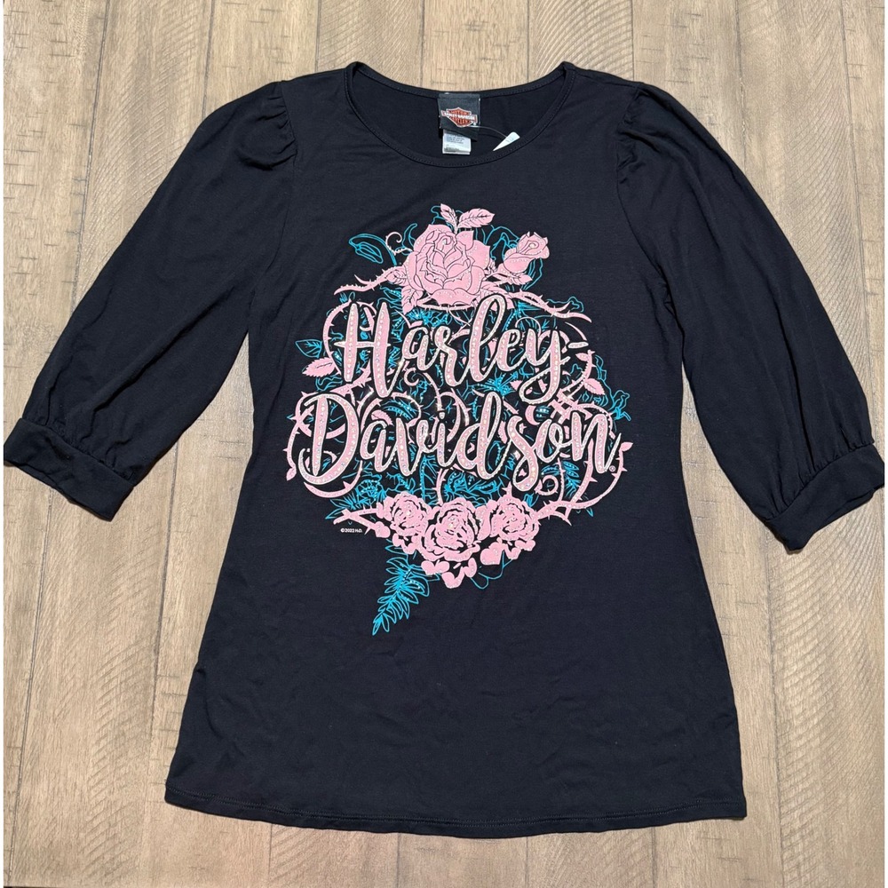 NWT Harley Davidson Womens Black Floral Rhinestone Graphic Tee HT4655BLK Small